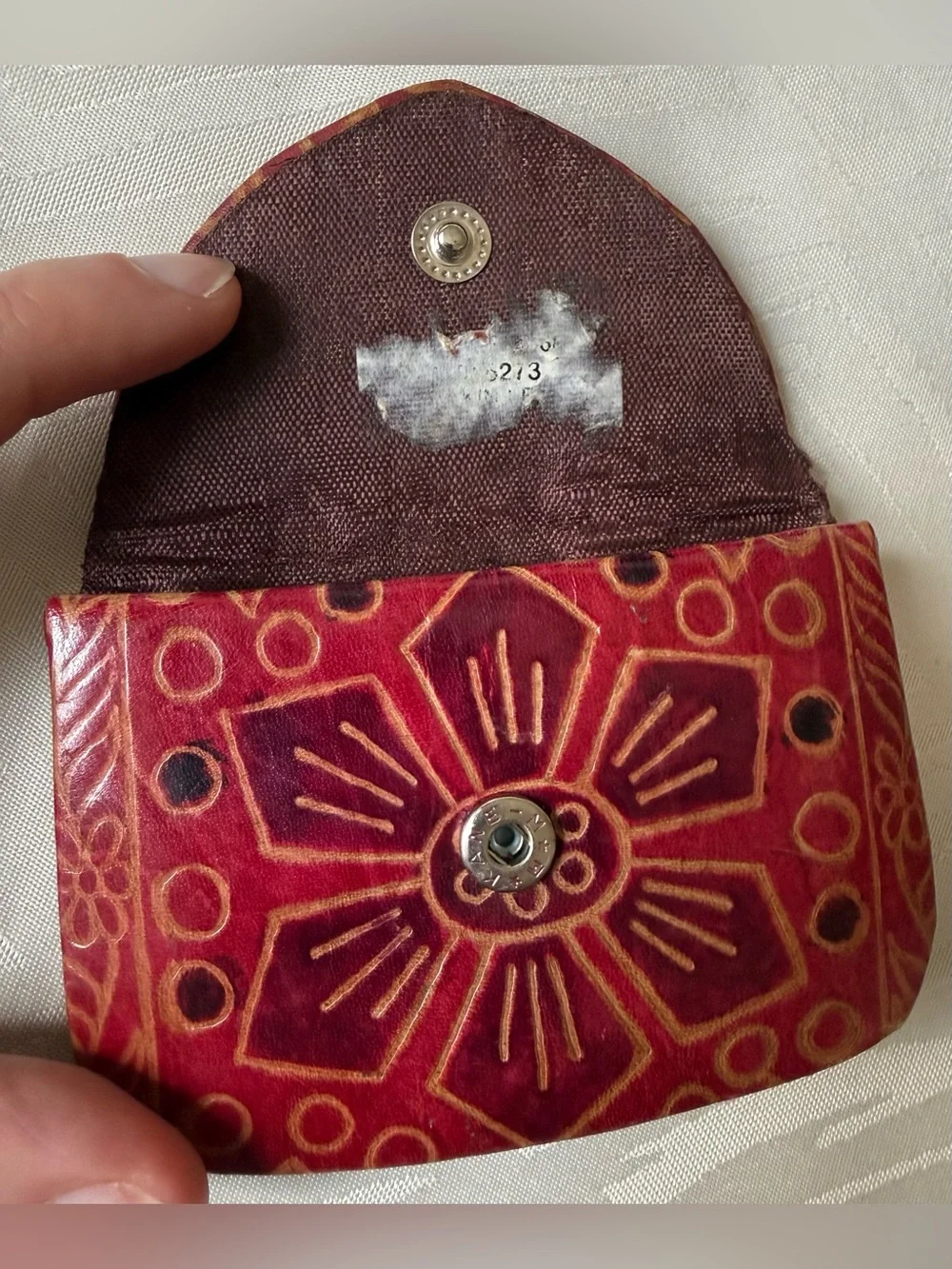 Handcrafted Red and Brown Leather Heart Coin Purse Tooled